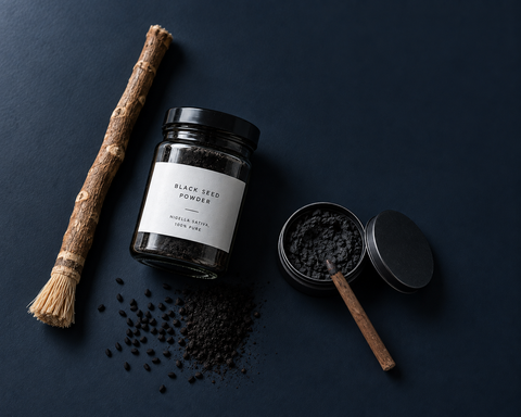 Prophetic Practices collection featuring miswak, black seed powder, and Ithmid kohl