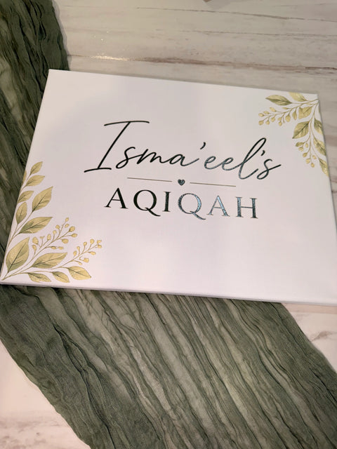 Custom Islamic canvas sign for Aqiqah Nikah and Walimah celebration with botanical greenery design