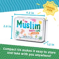 The Muslim Party Game travel tin measures 4.2 by 2.8 by 1.2 inches, compact enough to take anywhere