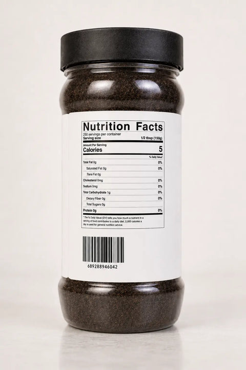 Black Seed Powder nutrition facts label, 250 servings per container, 5 calories per serving, barcode 689288946042